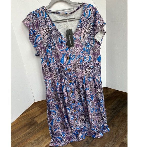 Fantaslook Dresses & Skirts - Fantaslook Paisley Mini Dress Womens L Blue Purple NWT Boho Button Front Flutter